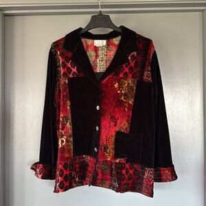 GW of Graff Vtg Black Red Patch Velvet Embroidery Button Jacket Long Sleeve Sz L